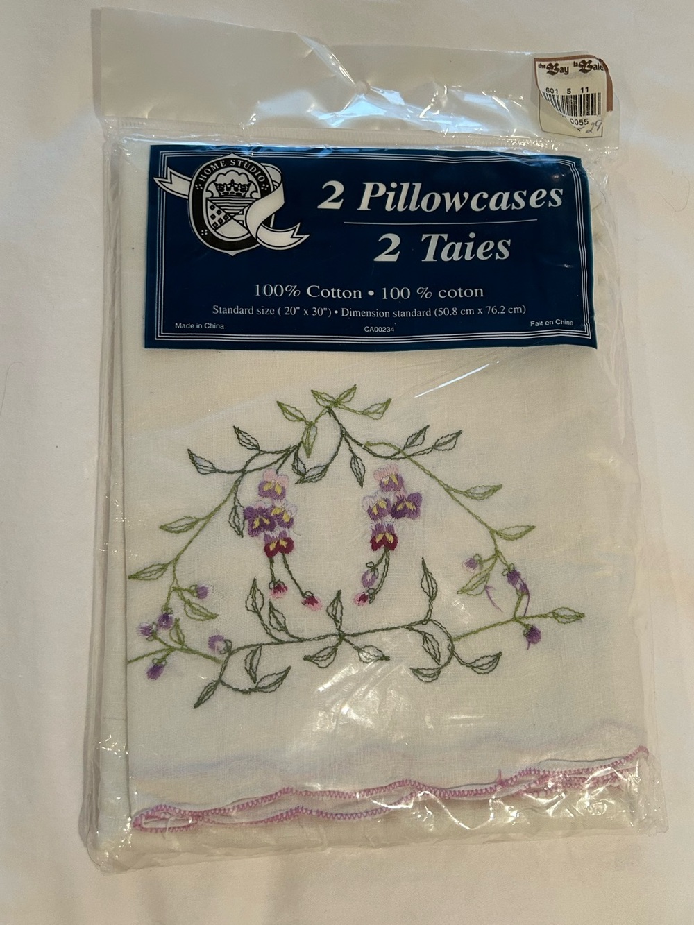 Vintage Embroidered White Cotton Pillowcases with Purple Floral Accents -NEW